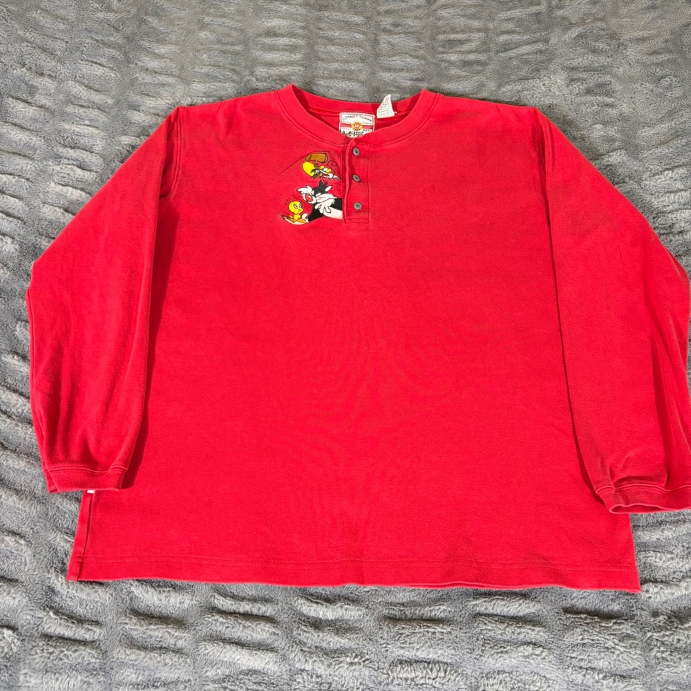 Vintage Looney Tunes Red Henley Shirt Sylvester Tweety Speedy Gonzales Small